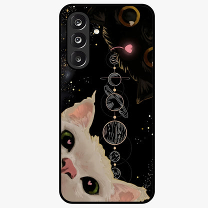 Galactic Cat Glass Case showing flat back view with cosmic cat artwork and glossy glass finish.