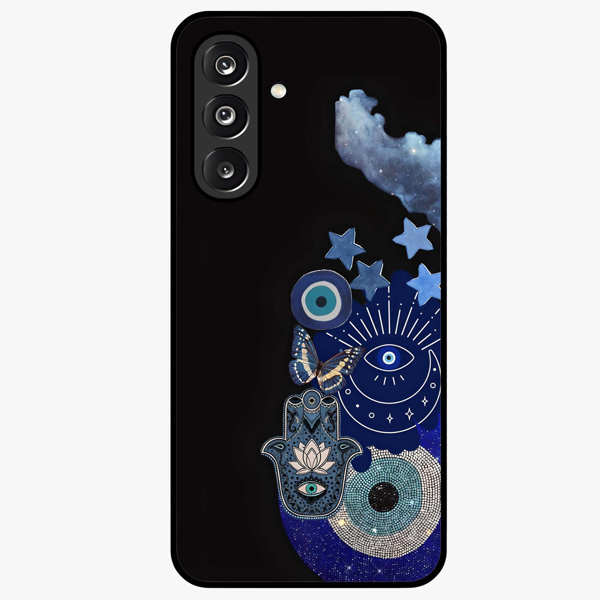 Galactic Charm Cluster Glass Case showing flat back view with glowing celestial charm artwork and glossy glass finish.