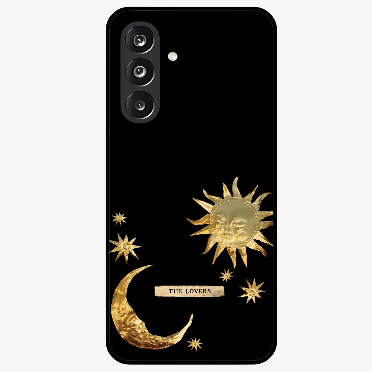 Golden Celestial Charm Glass Case showing flat back view with golden celestial charm artwork and glossy glass finish.