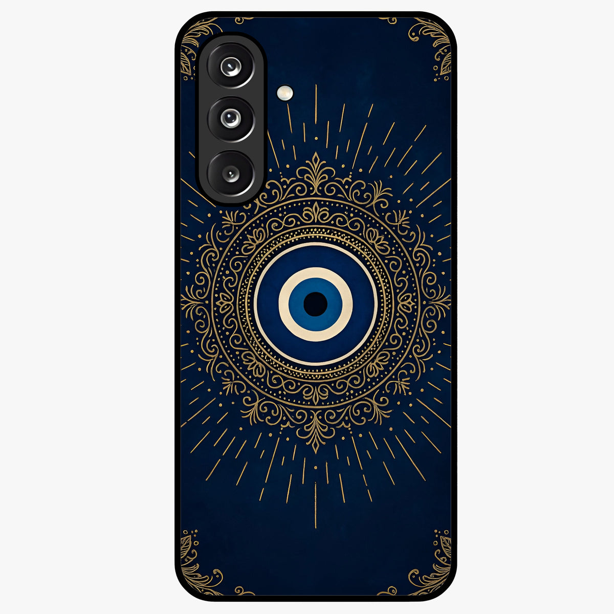 Golden Evil Eye Mandala Glass Case showing flat back view with intricate evil eye mandala artwork and glossy glass finish.