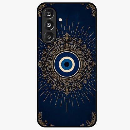 Golden Evil Eye Mandala Glass Case showing flat back view with intricate evil eye mandala artwork and glossy glass finish.