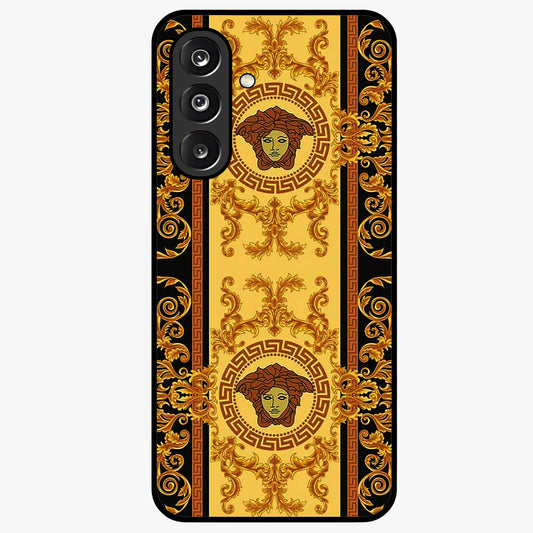 Golden Royal Heritage Glass Case showing flat back view with ornate royal pattern artwork and glossy glass finish.