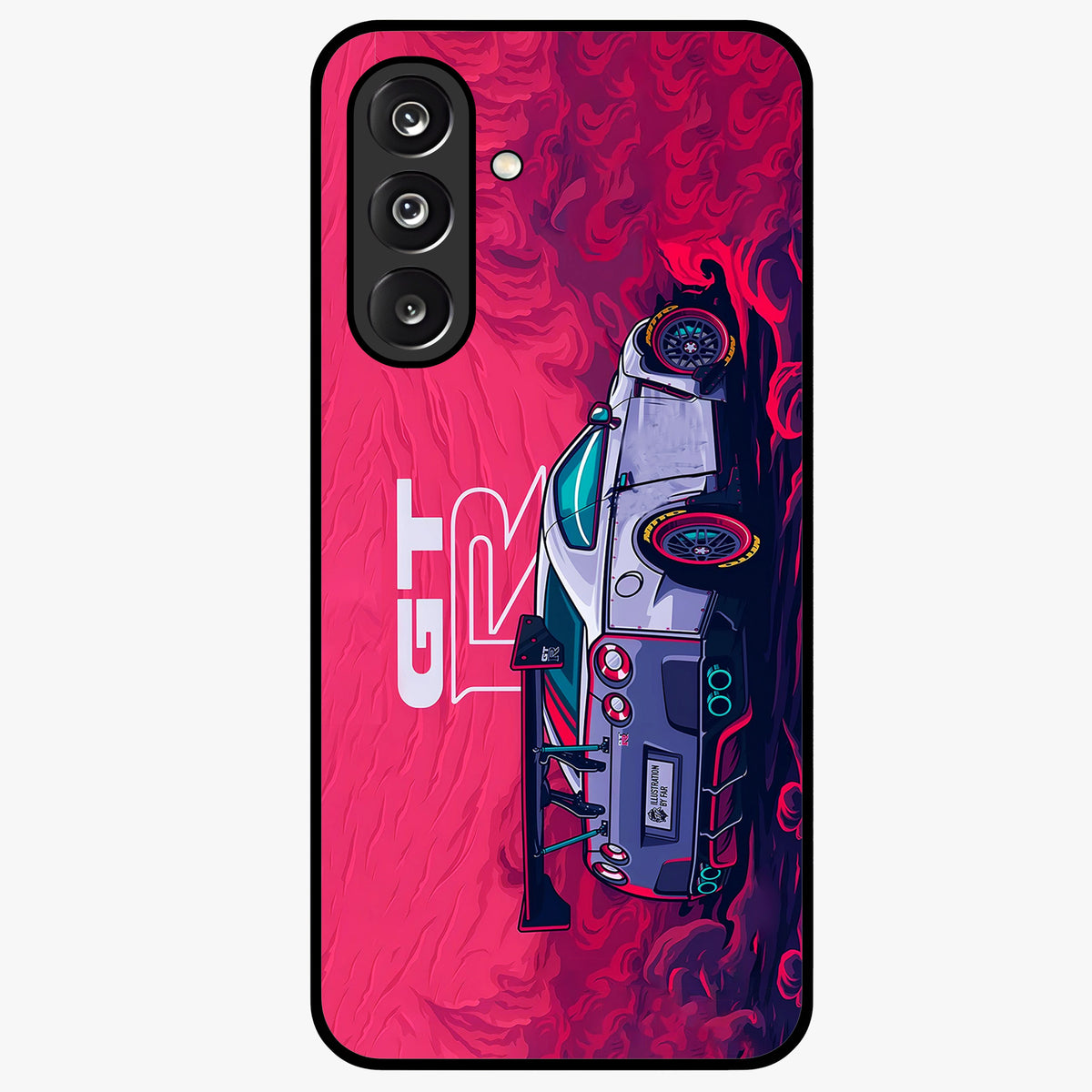 GT-R Car Pattern Glass Case showing flat back view with sporty car inspired pattern artwork and glossy glass finish.