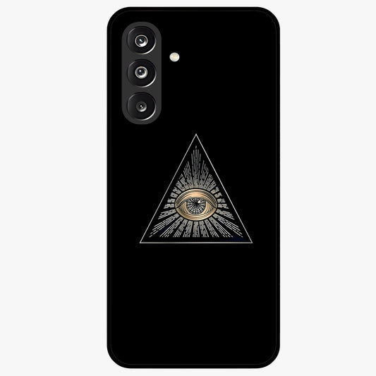 Illuminati Evil Glass Case showing flat back view with mysterious illuminati symbol artwork and glossy glass finish.