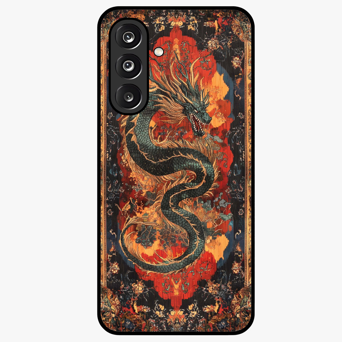 Inferno Dragon Soul Glass Case showing flat back view with fiery dragon artwork and glossy glass finish.