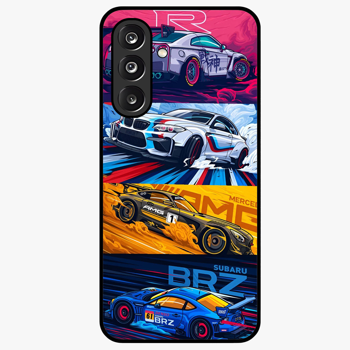 JDM Sports Car Glass Case showing flat back view with high performance sports car artwork and glossy glass finish.