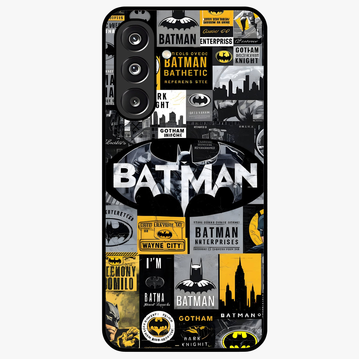 Knight Gotham Rise Glass Case showing flat back view with dark hero inspired artwork and glossy glass finish.