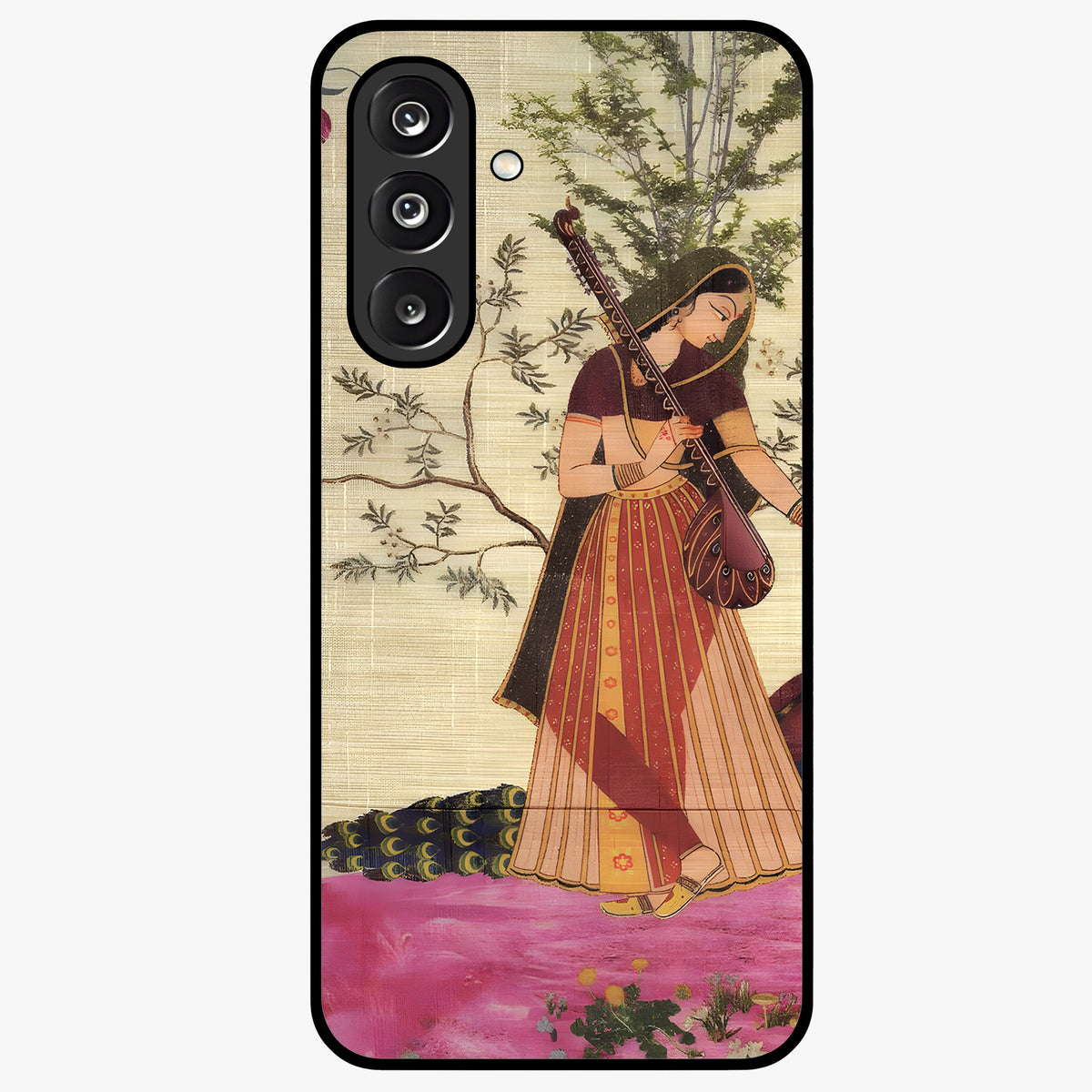 Lady With Veena Art Glass Case showing flat back view with elegant woman playing veena artwork and glossy glass finish.