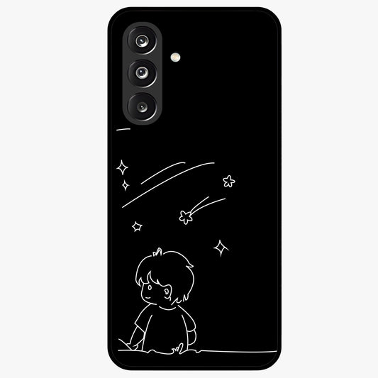 Line Art Boy With Shooting Stars Glass Case showing flat back view with minimal line art boy and shooting stars illustration and glossy glass finish.