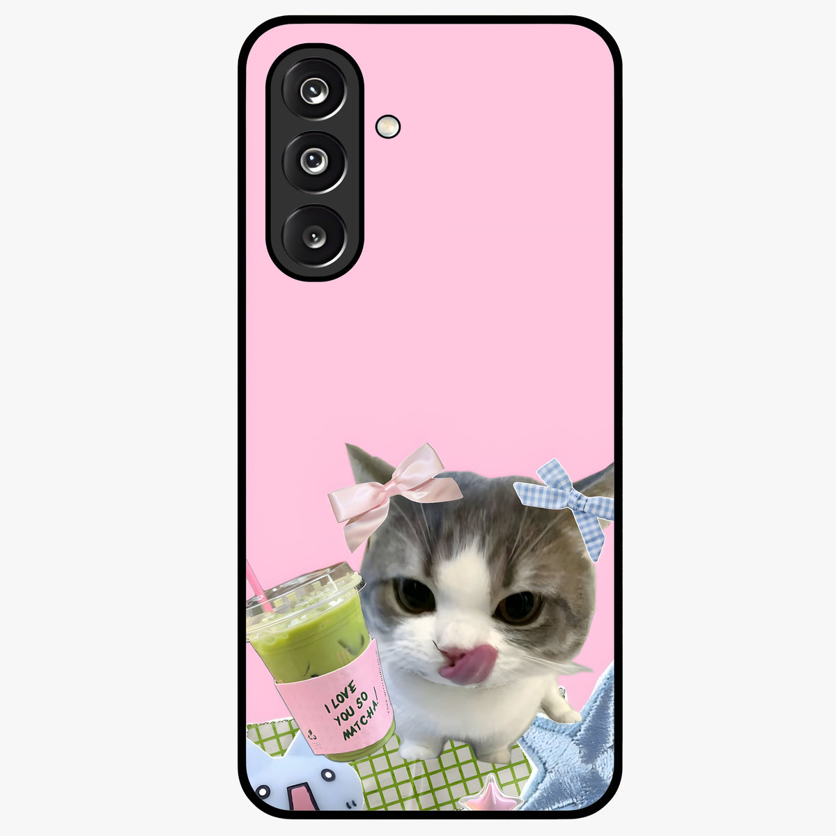 Love Matcha Cat Glass Case showing flat back view with cute cat and matcha themed artwork and glossy glass finish.