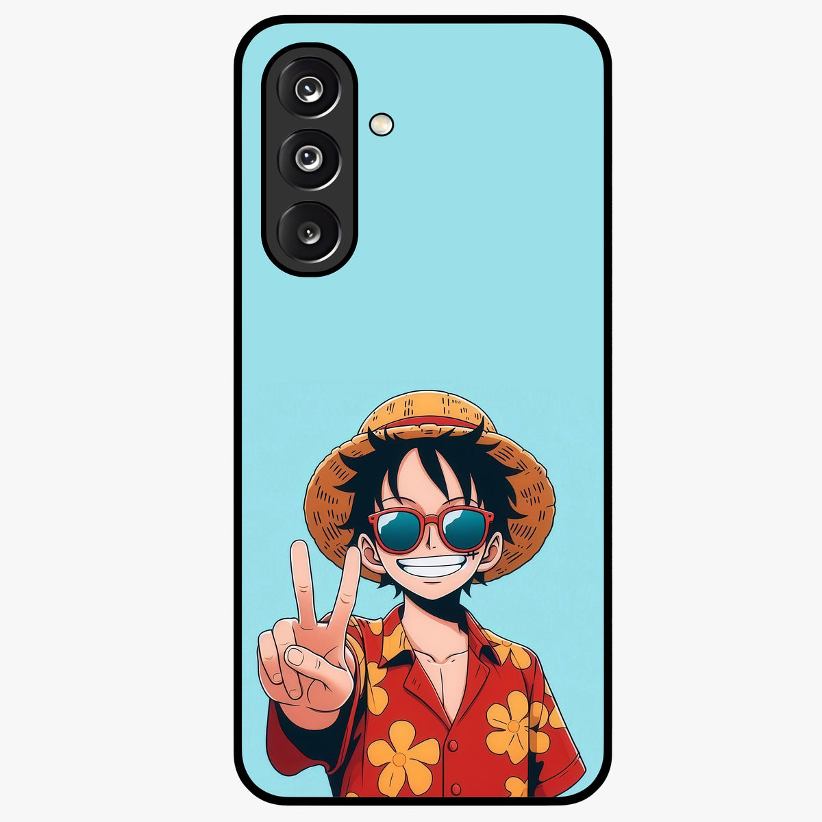 Luffy Summer Anime Vibe Glass Case showing flat back view with vibrant anime character artwork and glossy glass finish.