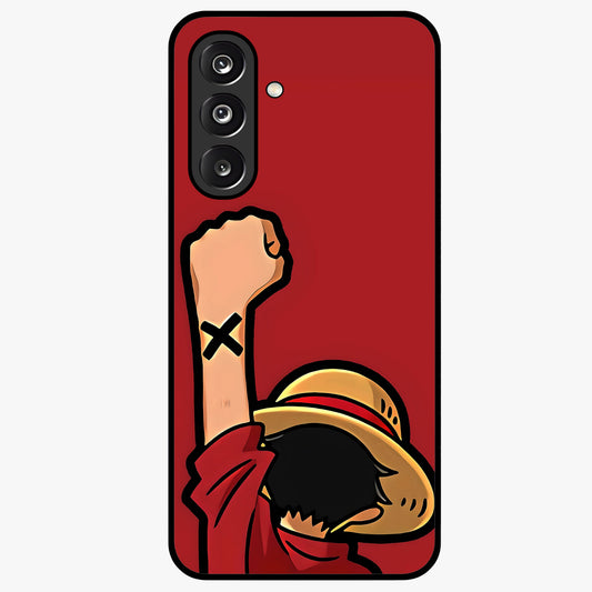 Luffy X Spirit Glass Case showing flat back view with bold anime character artwork and glossy glass finish.