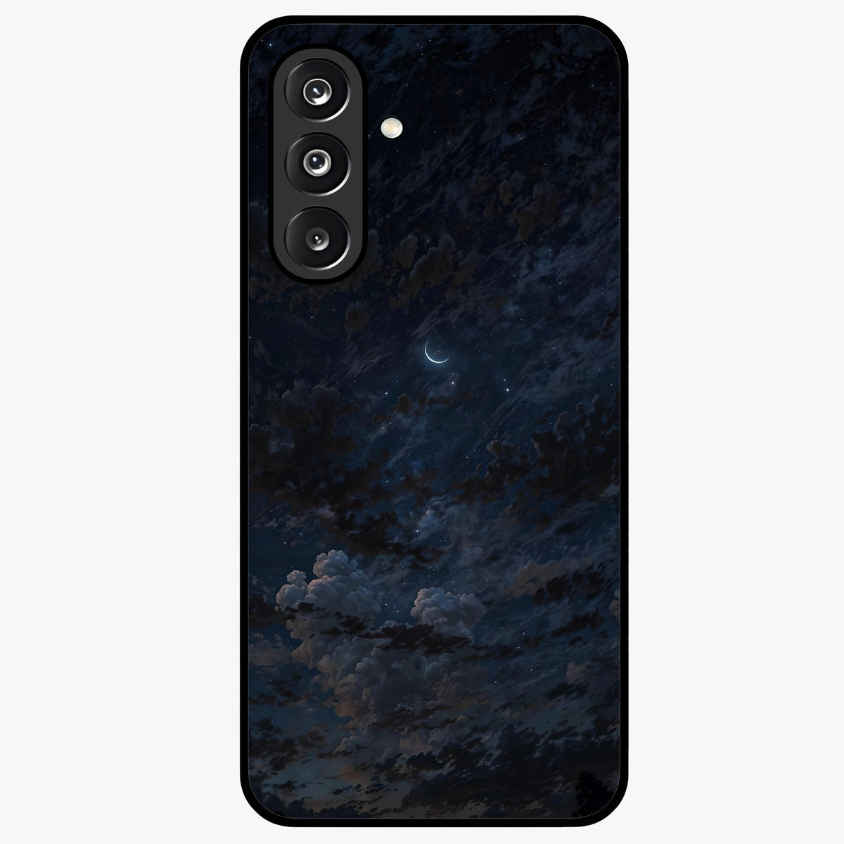 Lunar Veil Silence Glass Case showing flat back view with mystical moon veil artwork and glossy glass finish.