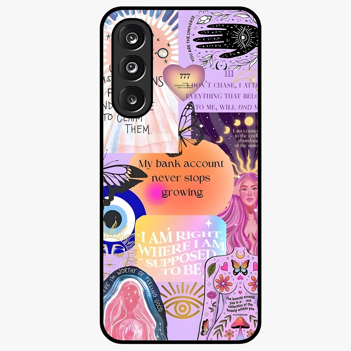 Manifestation Collage Glass Case showing flat back view with motivational collage artwork and glossy glass finish.