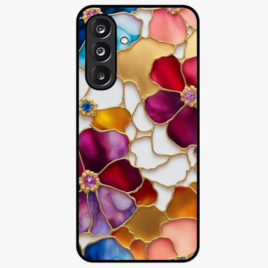 Marble Flower Pattern Glass Case showing flat back view with marble texture floral artwork and glossy glass finish.