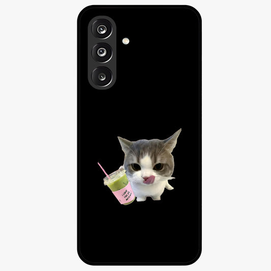 Matcha Cat Style Glass Case showing flat back view with cute matcha themed cat artwork and glossy glass finish.