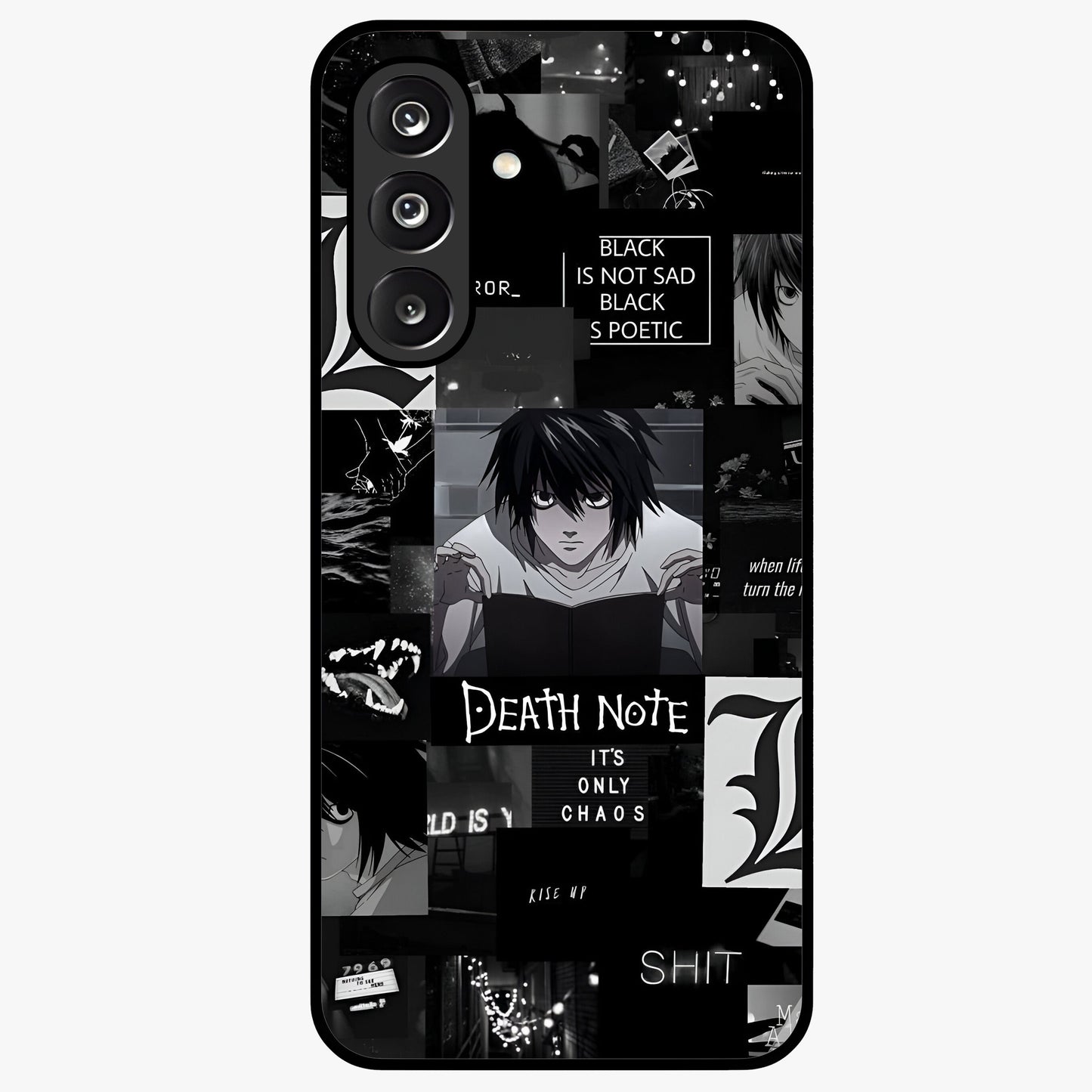 Midnight Chaos Mind Glass Case showing flat back view with abstract dark themed artwork and glossy glass finish.