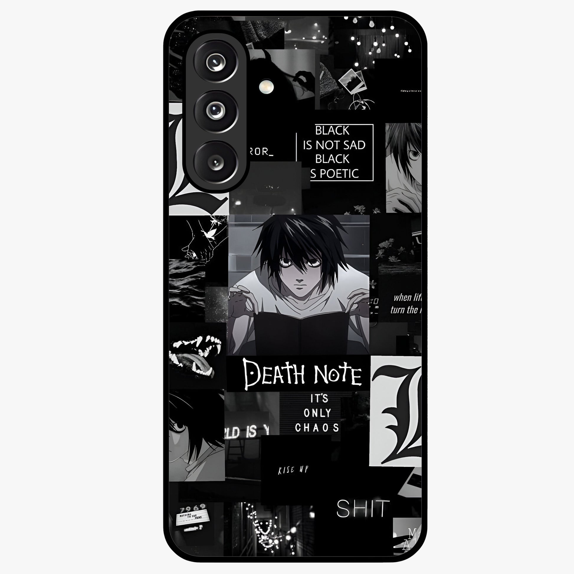 Midnight Chaos Mind Glass Case showing flat back view with abstract dark themed artwork and glossy glass finish.