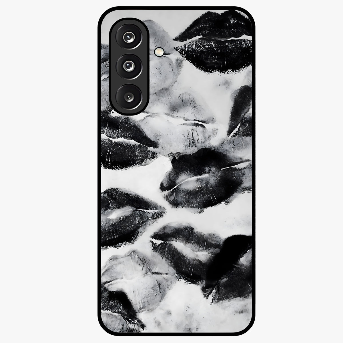Midnight Kiss Marks Glass Case showing flat back view with lipstick kiss mark artwork and glossy glass finish.