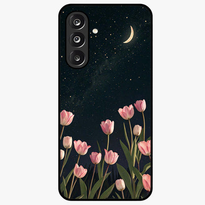 Midnight Tulip Whispers Vibe Glass Case showing flat back view with elegant tulip flower artwork and glossy glass finish.