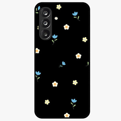 Minimalistic Blue With White Flower Pattern Glass Case showing flat back view with blue background and white flower pattern and glossy glass finish.