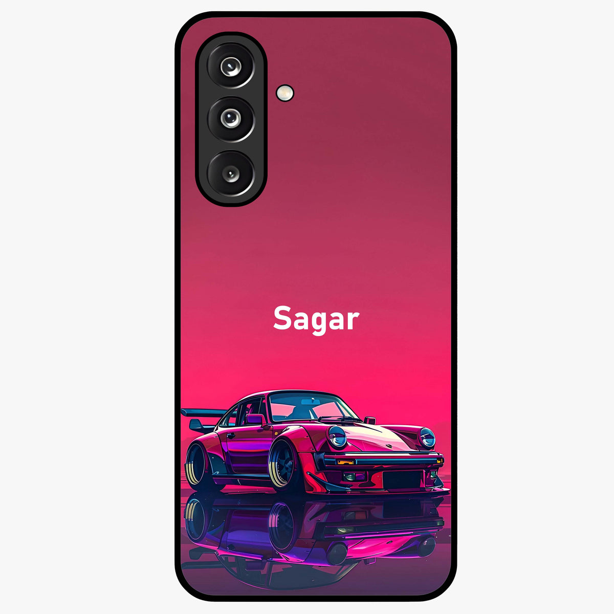 Neon Pink Porsche Glass Case showing flat back view with stylish sports car artwork and glossy glass finish.