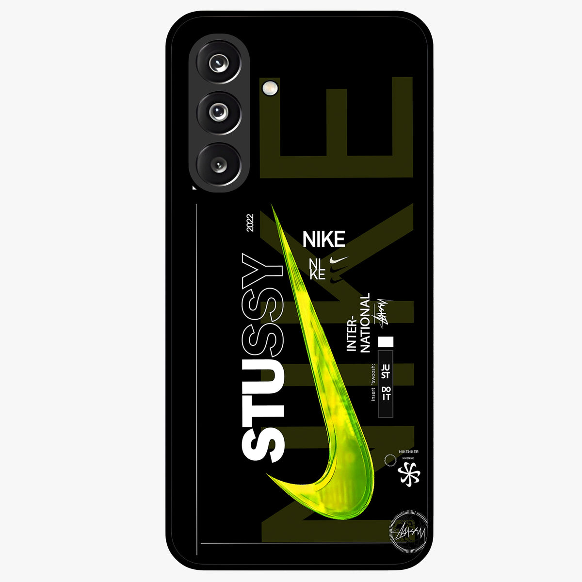 Neon Street Edition Glass Case showing flat back view with neon street style artwork and glossy glass finish.