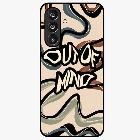 Out Of Mind Glass Case showing flat back view with expressive typography artwork and glossy glass finish.