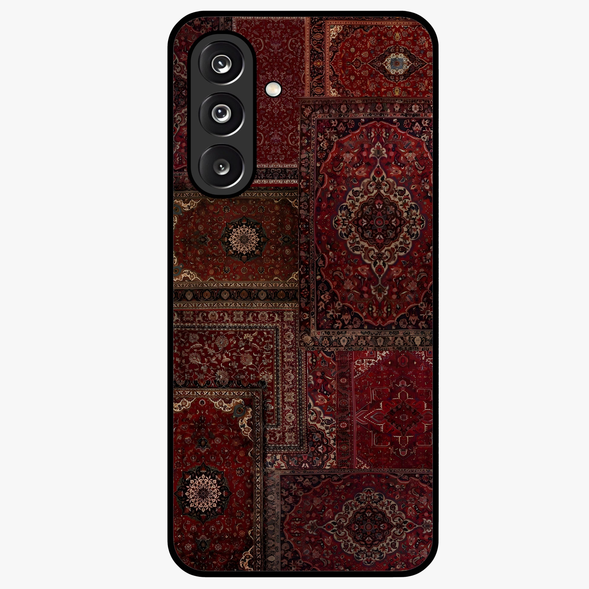 Persian Velvet Tale Glass Case showing flat back view with luxurious Persian velvet pattern artwork and glossy glass finish.