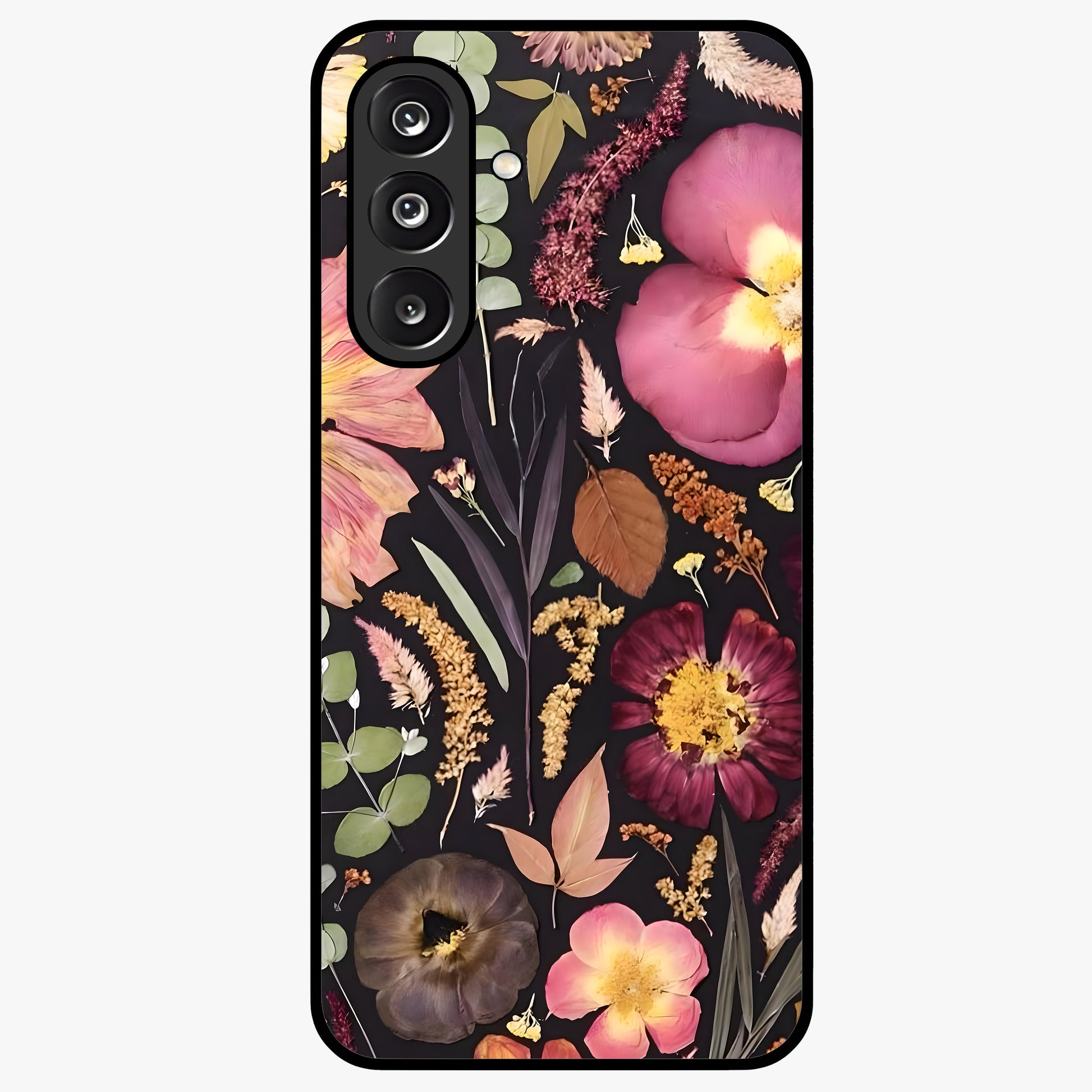 Petal Dream Tapestry Glass Case showing flat back view with intricate floral tapestry artwork and glossy glass finish.