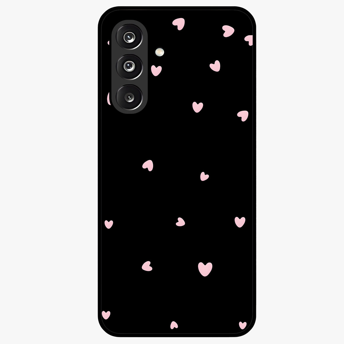 Pink Love Drops Glass Case showing flat back view with playful pink heart drops artwork and glossy glass finish.