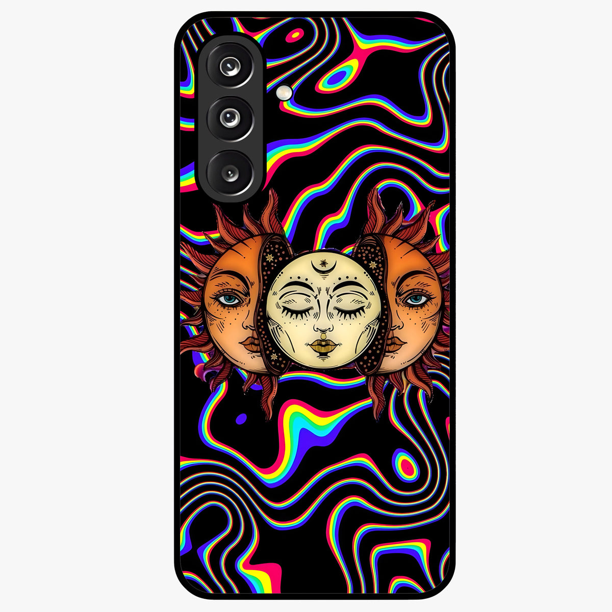 Psychedelic Sun Glass Case showing flat back view with colorful psychedelic sun artwork and glossy glass finish.