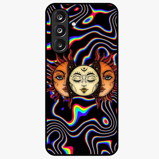 Psychedelic Sun Glass Case showing flat back view with colorful psychedelic sun artwork and glossy glass finish.