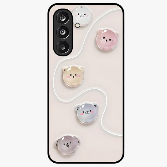 Puffy Face Parade Glass Case showing flat back view with cute puffy character faces artwork and glossy glass finish.