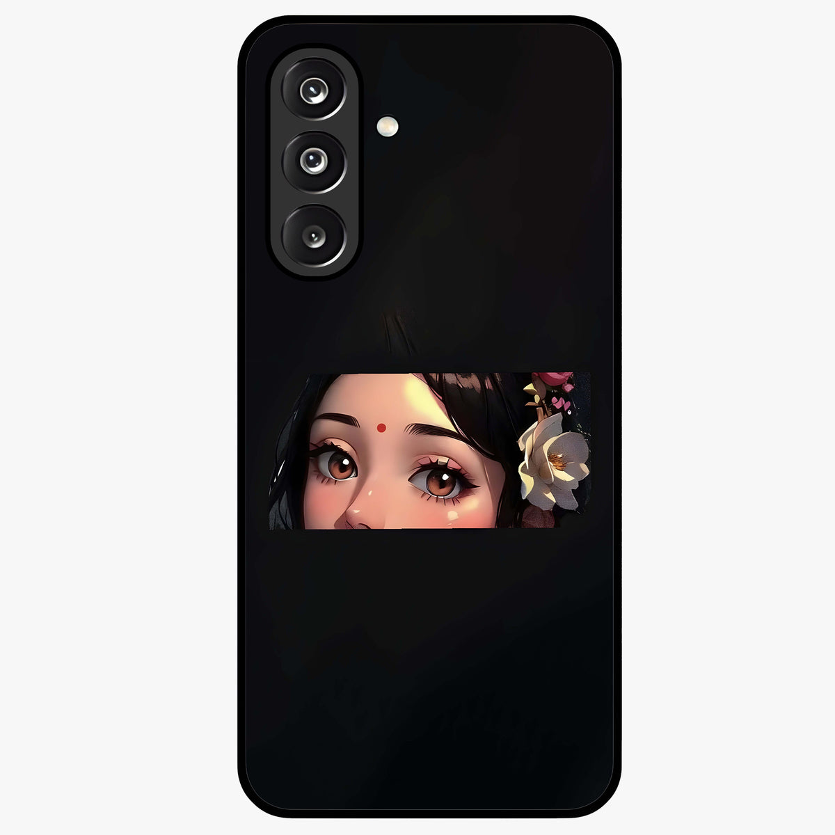 Radha Divine Embrace Glass Case showing flat back view with devotional Radha artwork and glossy glass finish.