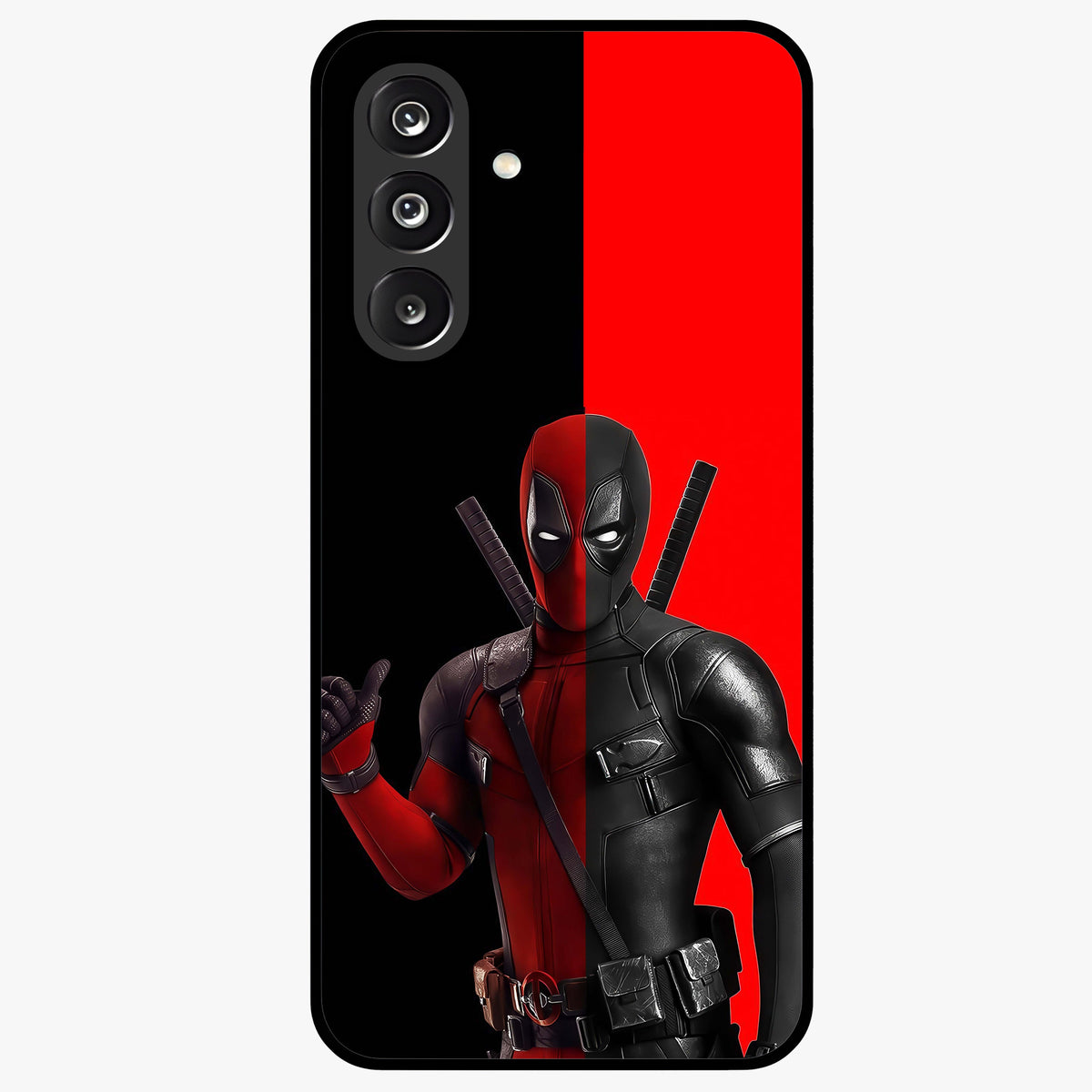 Red & Black Deadpool Theme Glass Case showing flat back view with bold comic inspired artwork and glossy glass finish.