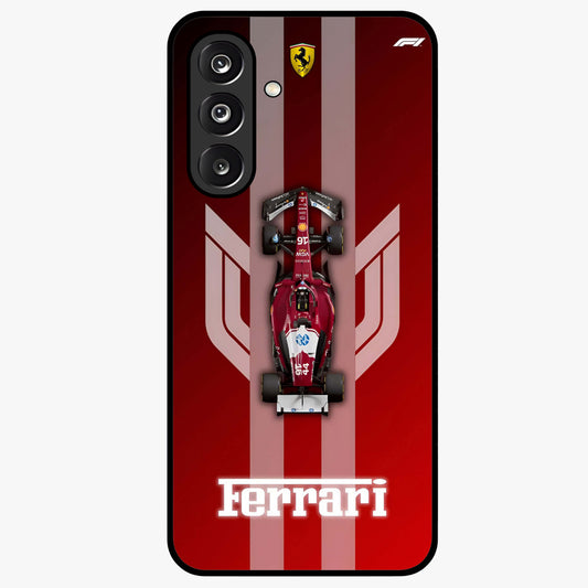Red Ferrari F1 Vertical Glass Case showing flat back view with sleek Formula racing car artwork and glossy glass finish.