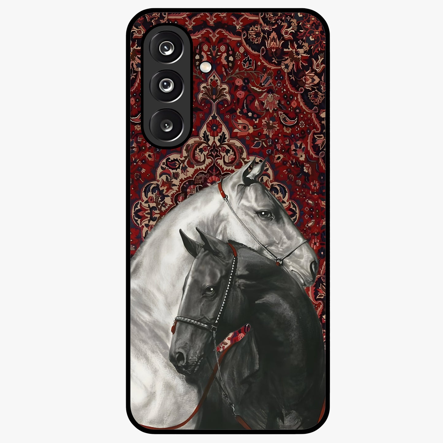 Regal Stallion Tapestry Glass Case showing flat back view with majestic horse tapestry artwork and glossy glass finish.