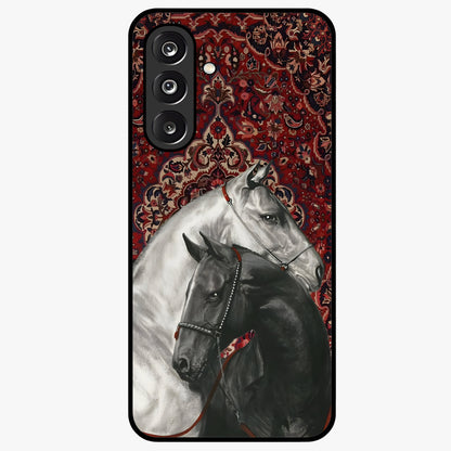 Regal Stallion Tapestry Glass Case showing flat back view with majestic horse tapestry artwork and glossy glass finish.