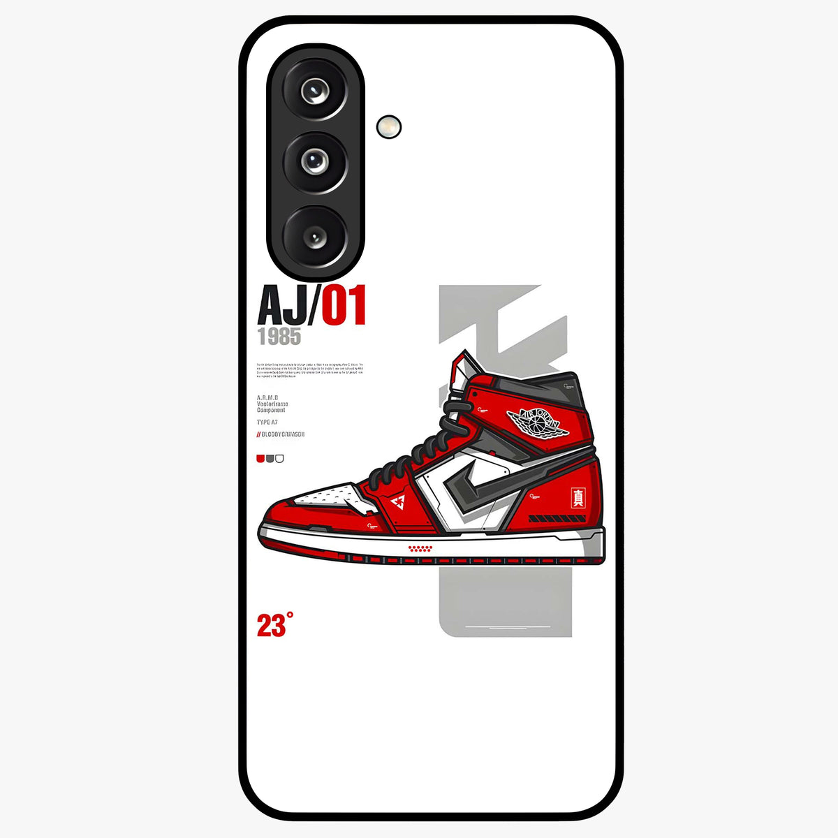 Retro Sneaker Blueprint Glass Case showing flat back view with sneaker blueprint style artwork and glossy glass finish.