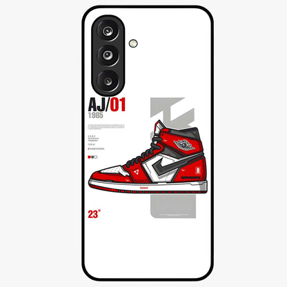 Retro Sneaker Blueprint Glass Case showing flat back view with sneaker blueprint style artwork and glossy glass finish.