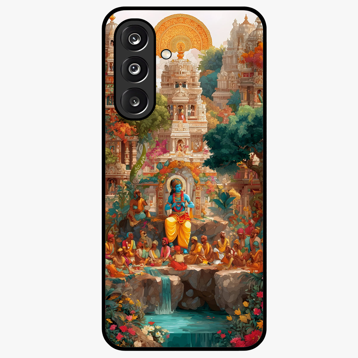 Sacred Sunlight Gods Glass Case showing flat back view with divine sunlight themed artwork and glossy glass finish.