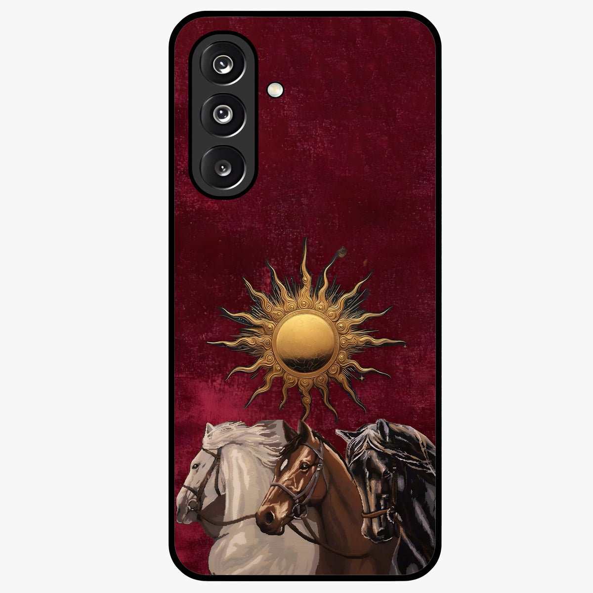Solar Riders Glass Case showing flat back view with dynamic rider themed artwork and glossy glass finish.