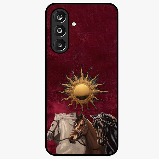 Solar Riders Glass Case showing flat back view with dynamic rider themed artwork and glossy glass finish.