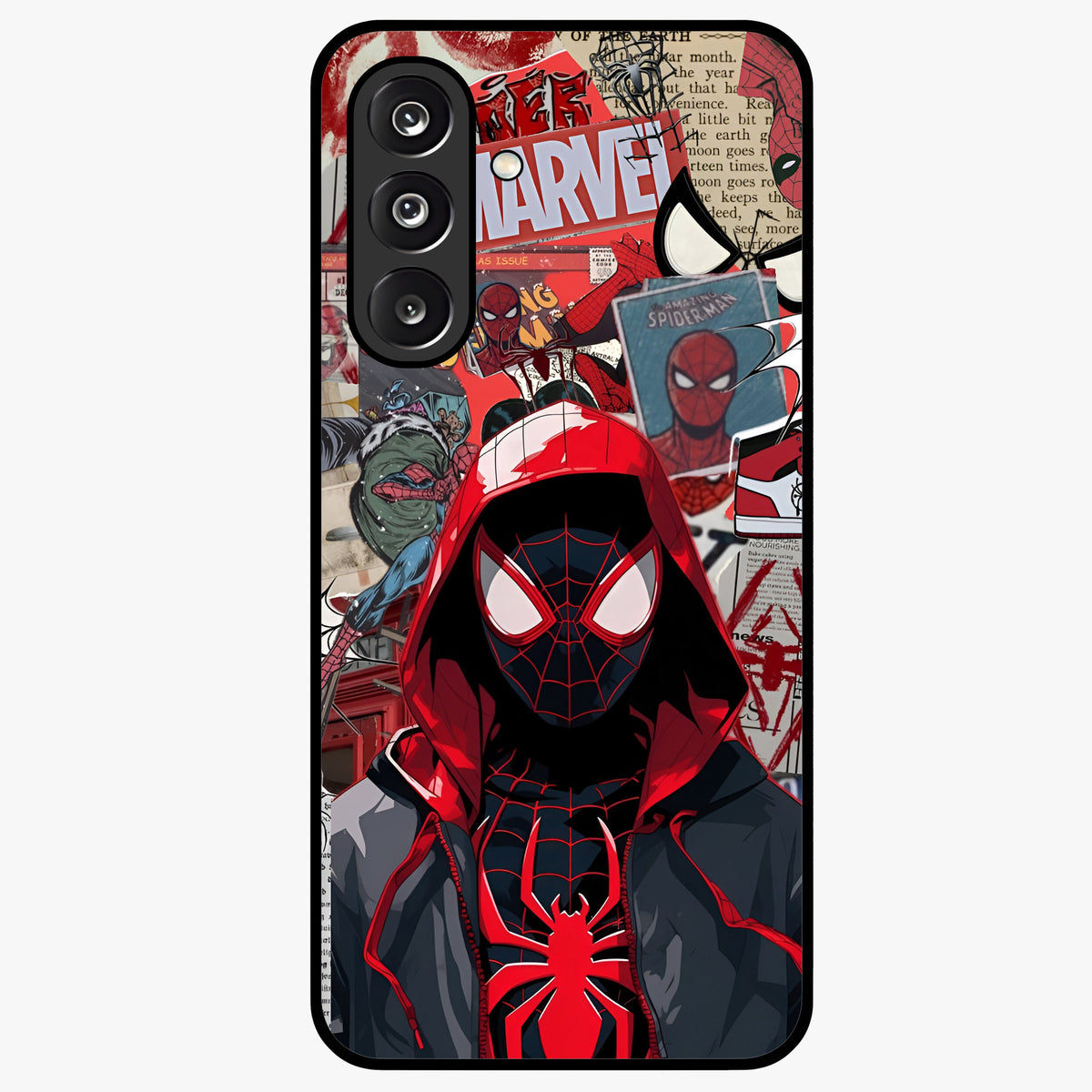 Spider Collage Street Glass Case showing flat back view with vibrant superhero collage artwork and glossy glass finish.