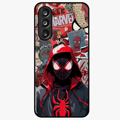 Spider Collage Street Glass Case showing flat back view with vibrant superhero collage artwork and glossy glass finish.