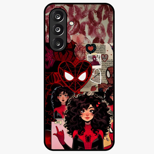 Spider Love Story Glass Case showing flat back view with romantic superhero themed artwork and glossy glass finish.