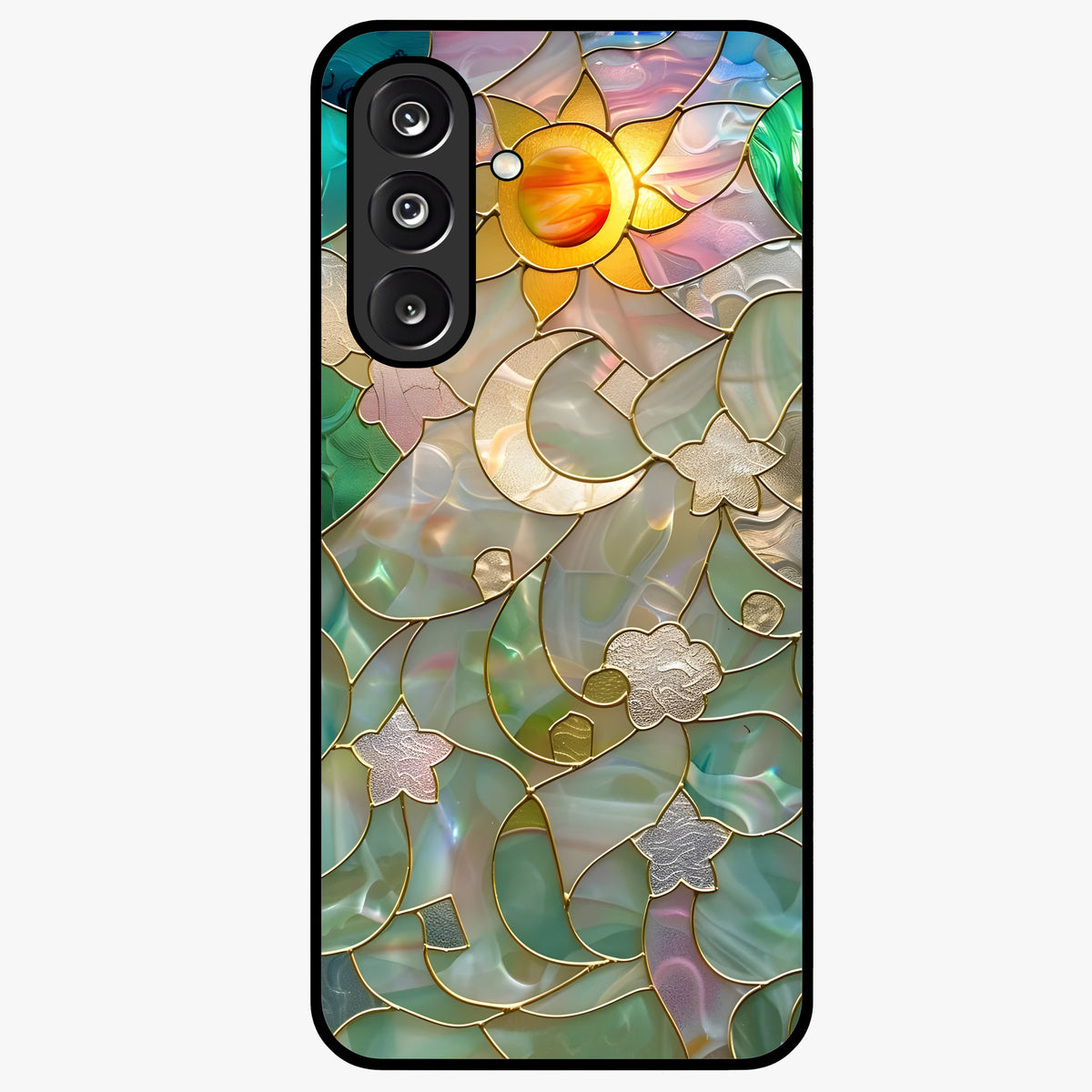 Stained Sunrise Glow Glass Case showing flat back view with glowing sunrise stained pattern artwork and glossy glass finish.