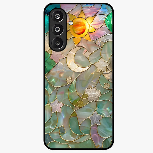 Stained Sunrise Glow Glass Case showing flat back view with glowing sunrise stained pattern artwork and glossy glass finish.