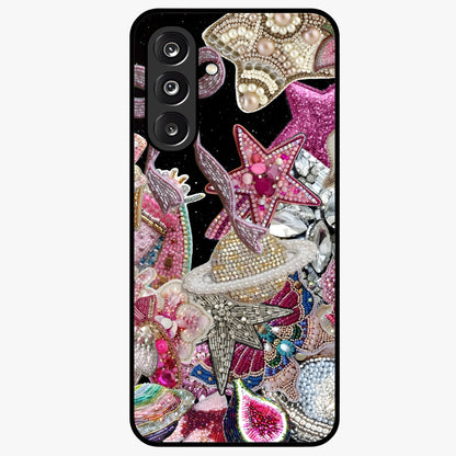 Starlit Jewel Dream Glass Case showing flat back view with sparkling jewel and star themed artwork and glossy glass finish.